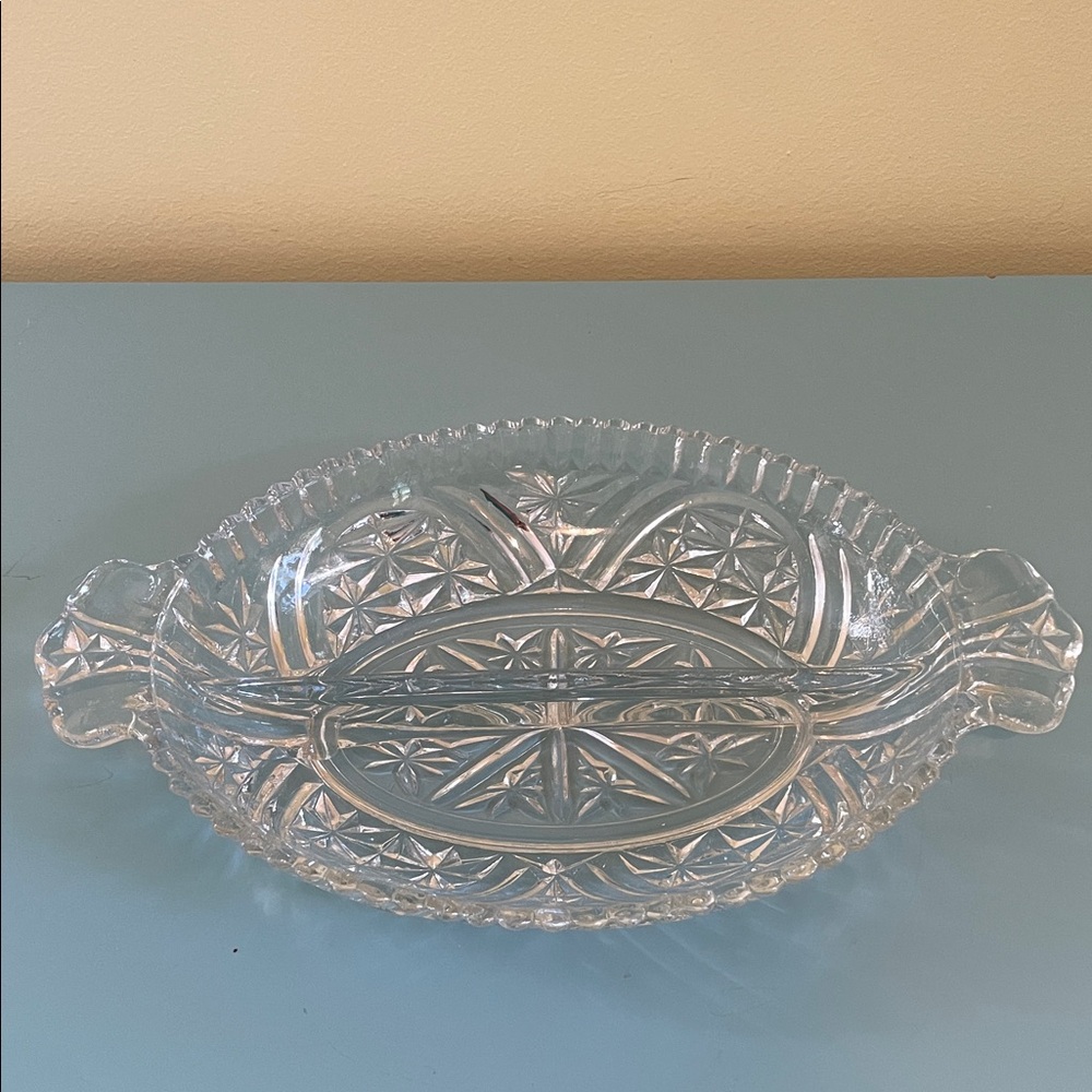Vintage Anchor Hocking Stars and Bars Pressed Glass Relish Dish